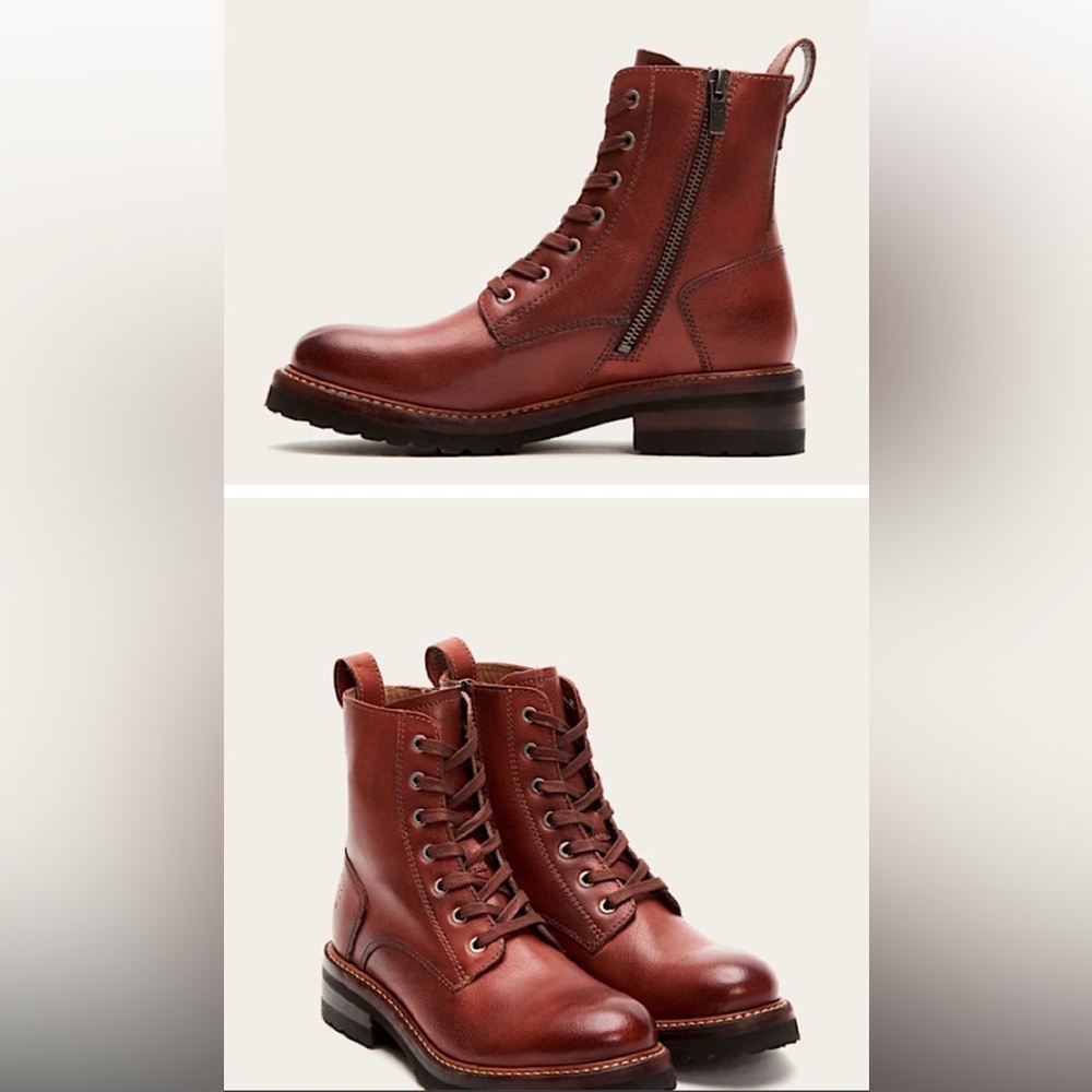 Frye Women's Burgundy Leather Combat Boots - Picture 2 of 10